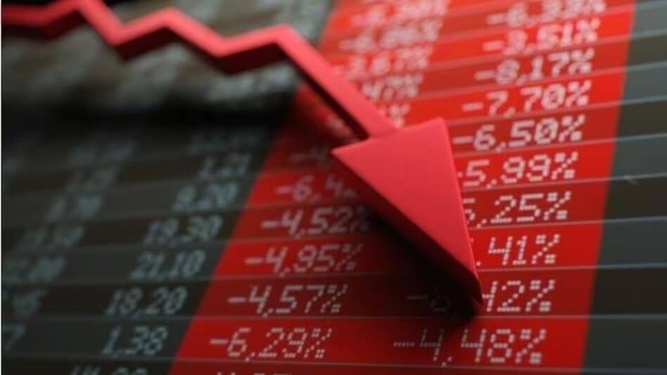 Red downward arrow on a stock market display showing negative percentage changes in values.