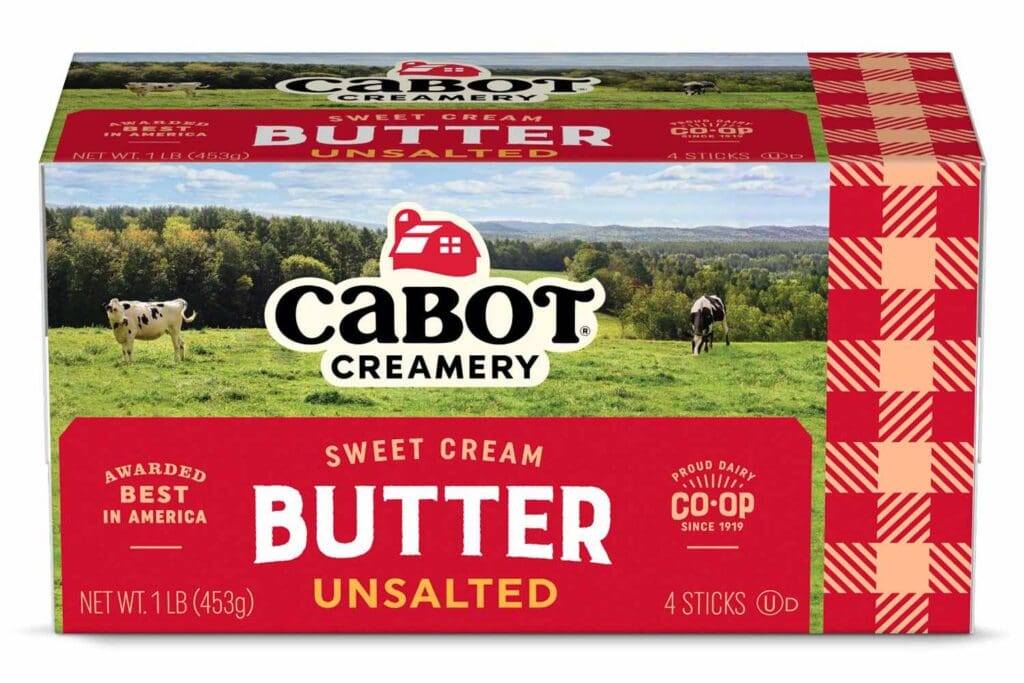 Packaging of Cabot Creamery unsalted sweet cream butter with a red and white design.