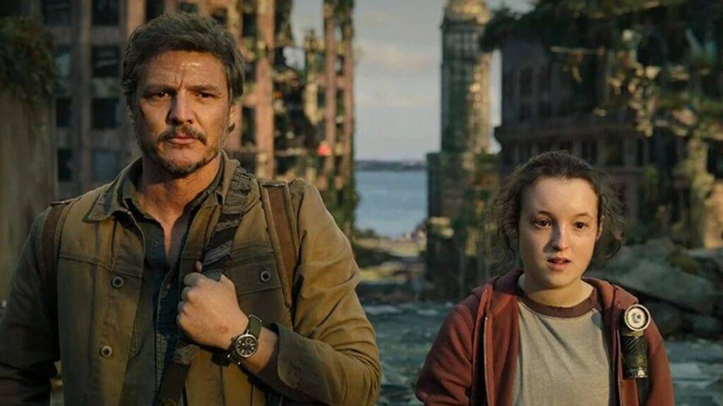 Two characters standing in a desolate urban environment with overgrown vegetation and crumbling buildings.