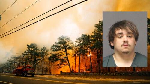 A superimposed image of Joseph Kling's mugshot against a backdrop of a fire truck and burning trees from a New Jersey wildfire.