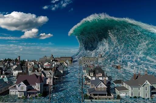 A massive wave crashes over a town, engulfing houses and creating a dramatic scene of nature's power. "weather-survival-guide-hurricanes-heatwaves"